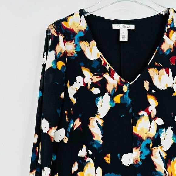 WHBM Size 0 Black Long Sleeve Abstract Floral V Neck Mini Shift Dress - Picture 4 of 7